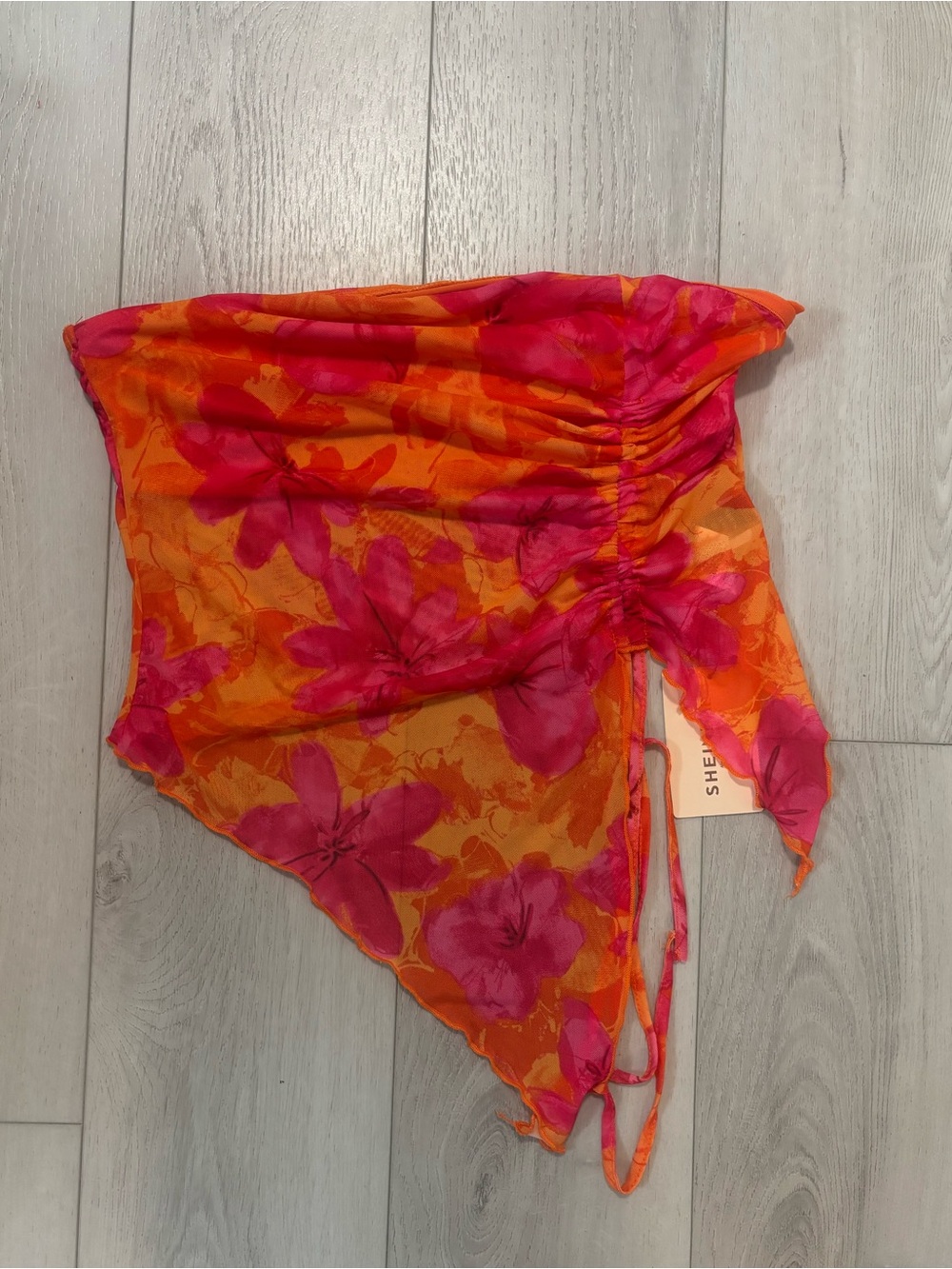 NWT SHEIN Curve 0XL Orange Pink Floral Mesh Strapless Asymmetrical